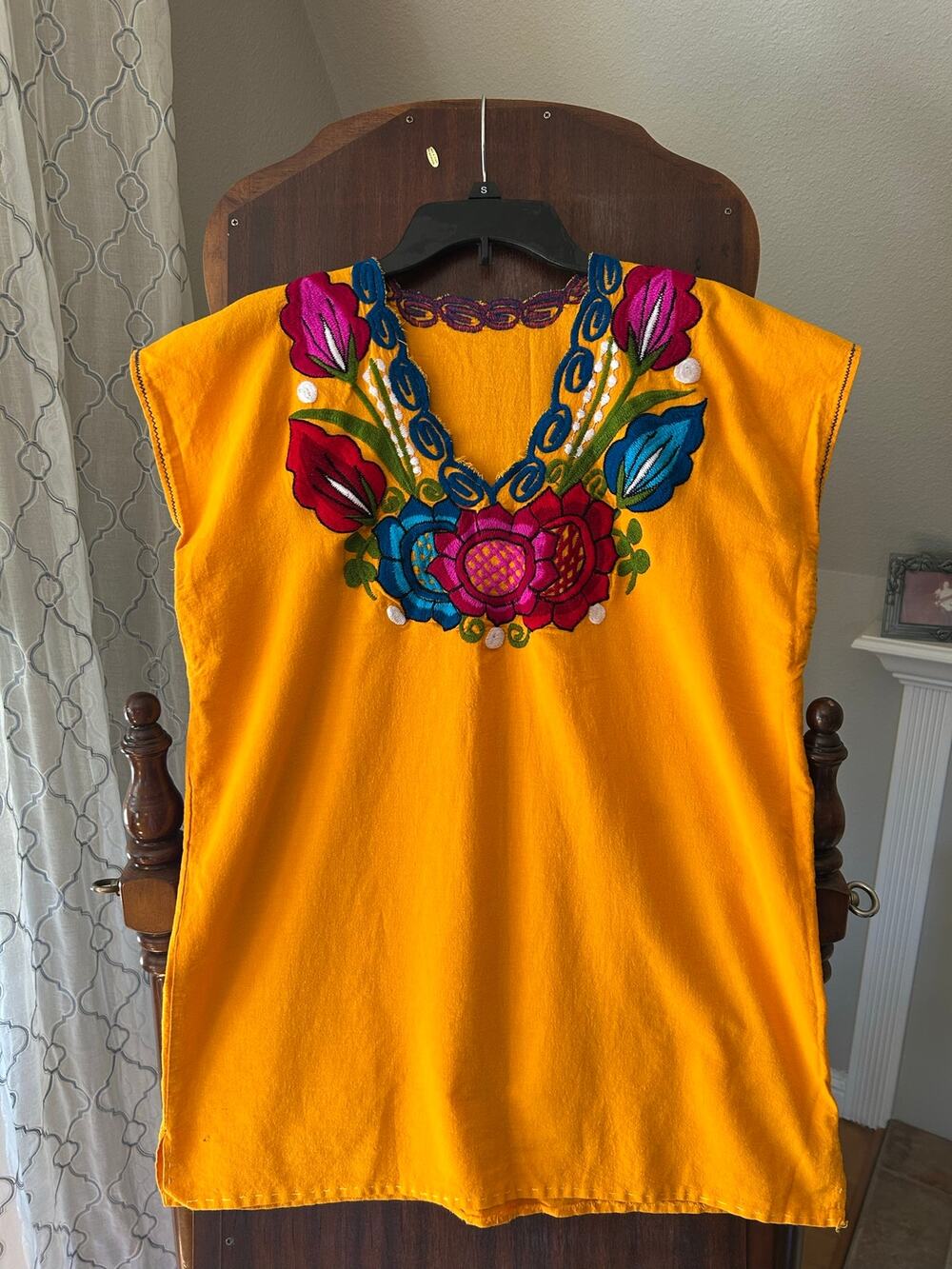 Maya Mexican Blouse Top Shirt Embroidered Flowers Huipil large yellow
